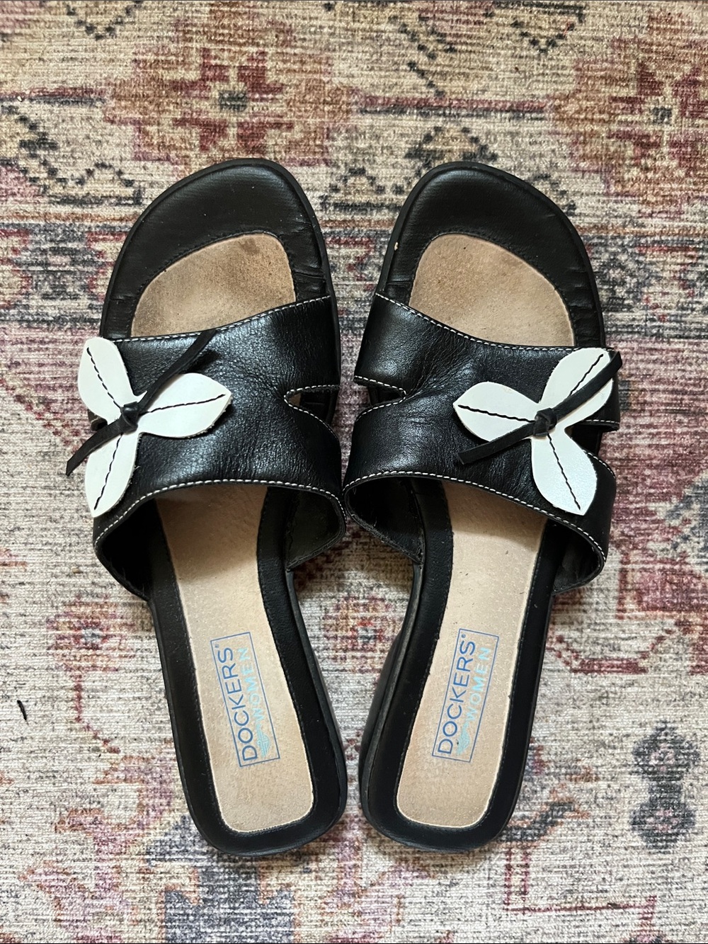 Dockers Black Slide Sandals with White Flower Detail